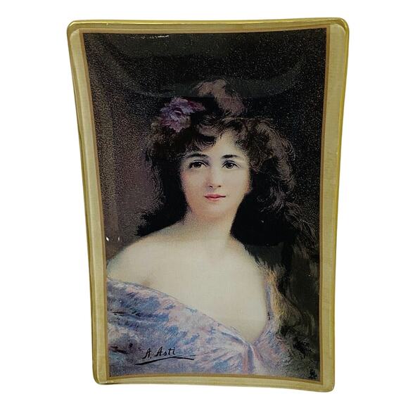 Asti Glass Pin Vanity Ring Dish Small Tray Edwardian Victorian Woman Portrait - Picture 1 of 7